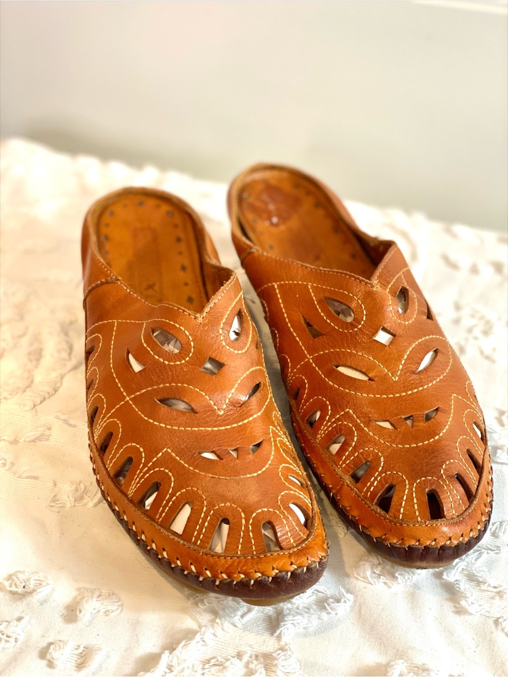 Tan Cut Out Leather Slip-On Clogs